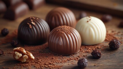 Assorted gourmet chocolates on wooden background.