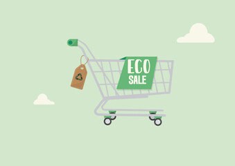 Eco Sale Shopping Cart with Recycle Tag. Eco sale concept. Eco Deals. Eco Shopping Deals. Green Sale. Vector illustration