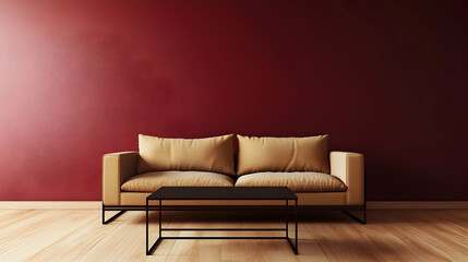 Fototapeta premium Minimalist Modern Living Room with Deep Burgundy Walls, Tan Fabric Sofa, and Sleek Black Metal Coffee Table, Featuring Clean Lines and Subtle Contrasts in a Well-Lit, Bold Space