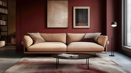 Minimalist Modern Living Room with Deep Burgundy Walls, Tan Fabric Sofa, and Sleek Black Metal Coffee Table, Featuring Clean Lines and Subtle Contrasts in a Well-Lit, Bold Space