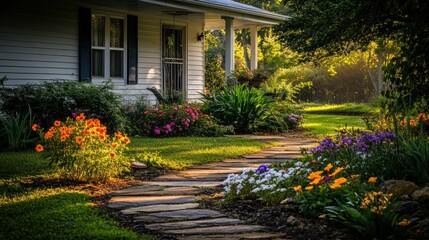Fototapeta premium Stone Path Leading to a House Through a Flower Garden