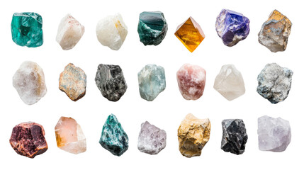 Collection of assorted gemstones in various colors on a transparent background