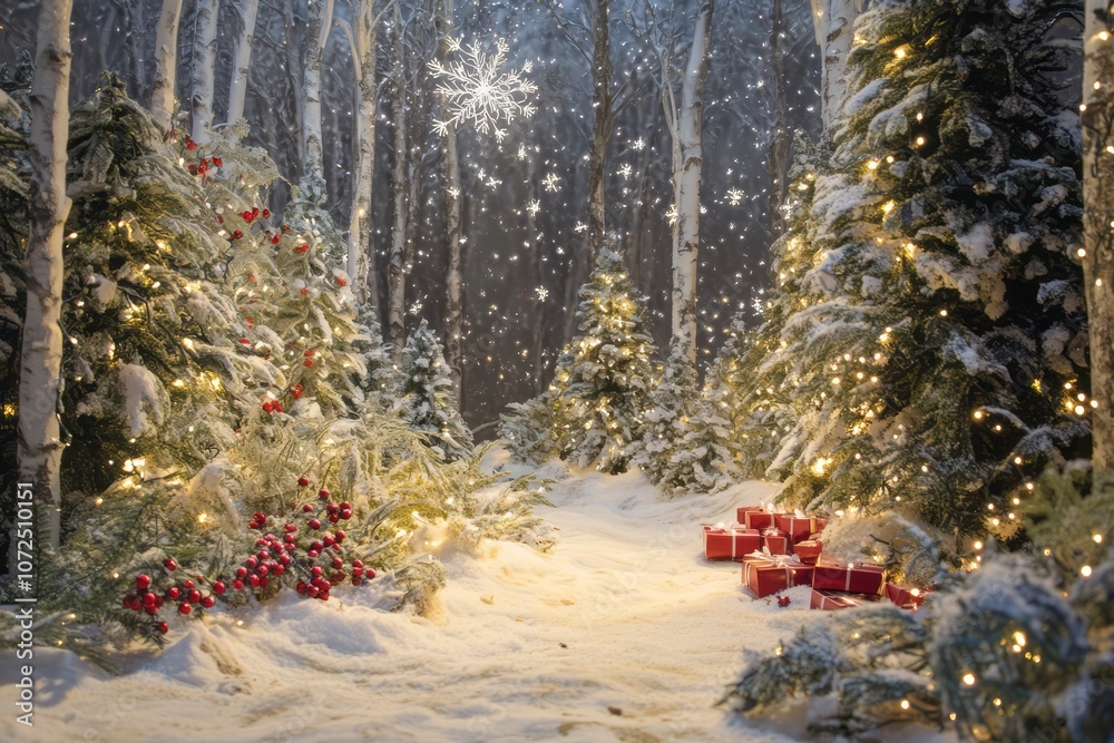 Poster Snowy Forest with Christmas Trees, Lights, and Gifts