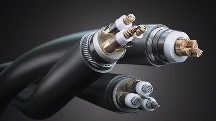 Electric wire cable structure. Various armored copper and aluminum electric cable, 3d animation