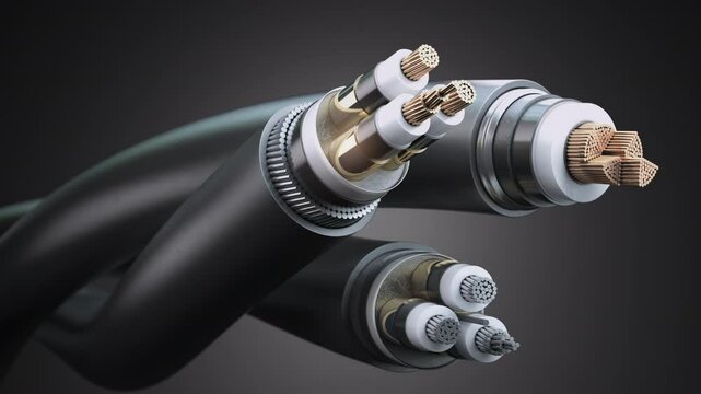 Electric wire cable structure. Various armored copper and aluminum electric cable, 3d animation