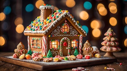 Naklejka premium beautiful decorated gingerbread house candies festive sprinkles bokeh lights joy Christmas treat holiday celebration
