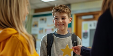 A joyful child receiving a star-shaped reward in a classroom setting. The bright atmosphere captures the essence of encouragement and achievement. A heartwarming moment of recognition. AI