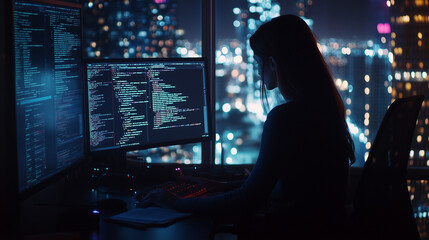 Woman typing code on multiple screens, nighttime office setting with city lights in the background