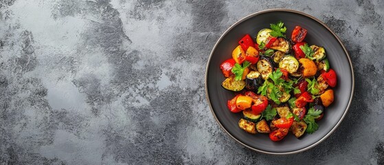 Roasted vegetables, peppers, eggplant, zucchini, and tomatoes in a plate.