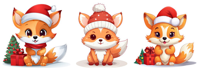 Obraz premium Christmas cute fox in Santas hat png illustration set isolated on transparent background, cute baby animal illustration for sticker, painting for Sublimation, Christmas card design