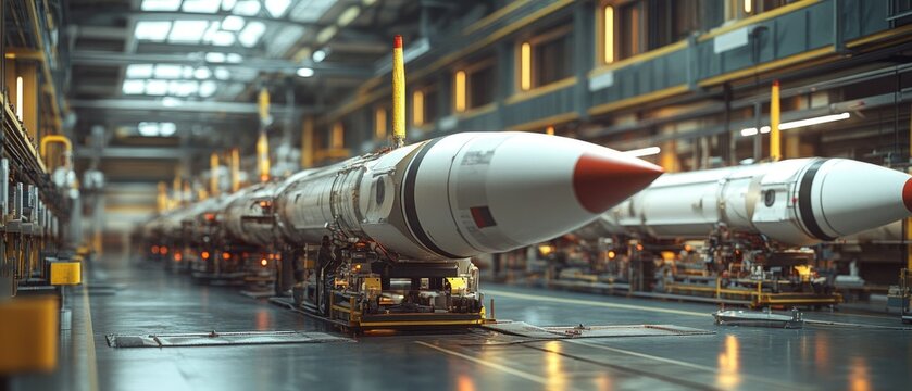 Row of missiles in an industrial facility.