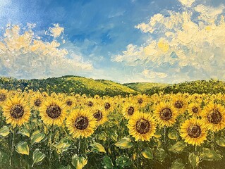 Obraz premium Sunflowers blooming under a bright blue sky.