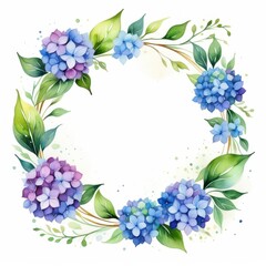 Elegant blue and purple hydrangea wreath in watercolor, adorned with green leaves, set on a white canvas