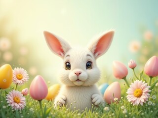 Fototapeta premium Cute rabbit with joyful expression surrounded by colorful Easter eggs and flowers