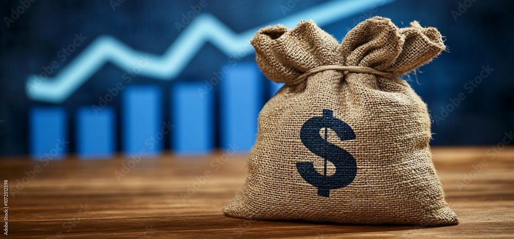 Poster a burlap bag with a dollar sign sits on a wooden table in front of a blue bar graph showing growth.