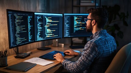 An engineer working on computer development, with multiple monitors displaying code, schematics, and project management tools.