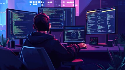 An engineer writing firmware for a new computer, with debugging tools and schematics open on multiple screens.