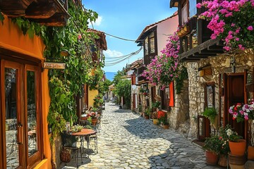 Fototapeta premium Picturesque Mediterranean street with colorful flowers.