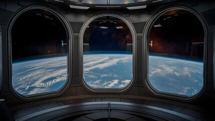 View of Earth from a futuristic space station with panoramic windows highlighting the planet's curvature and cloud formations