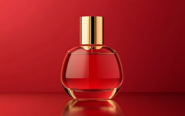 A sleek red perfume bottle, mock-up with a gold cap set against a vibrant red background.