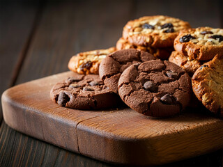 Fototapeta premium Assorted cookies on a wooden cutting board, including chocolate chip and oatmeal raisin.