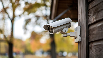 Surveillance camera mounted on a wooden structure overlooking a park during autumn with colorful foliage in the background