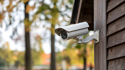 Security camera mounted on a wooden building surrounded by autumn foliage in a quiet neighborhood during daytime