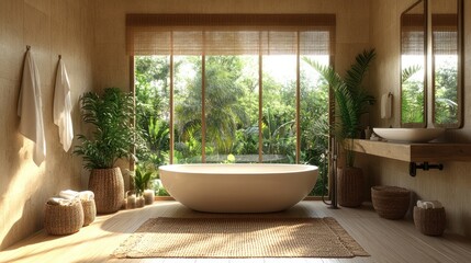 Fototapeta premium Modern bathroom with large window overlooking tropical garden.