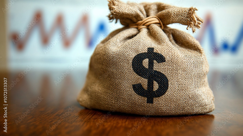 Poster a burlap money bag with a dollar sign sits on a wooden desk in front of a white board with graphs.