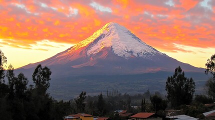 Majestic mountain under vibrant red and orange sunset sky.