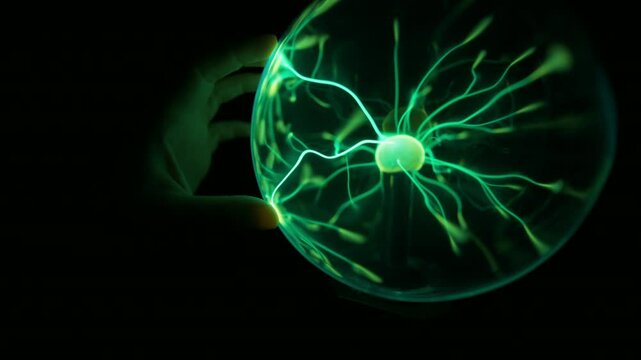 A hand touching the surface of electric plasma ball with green rays inside. Slow motion. 