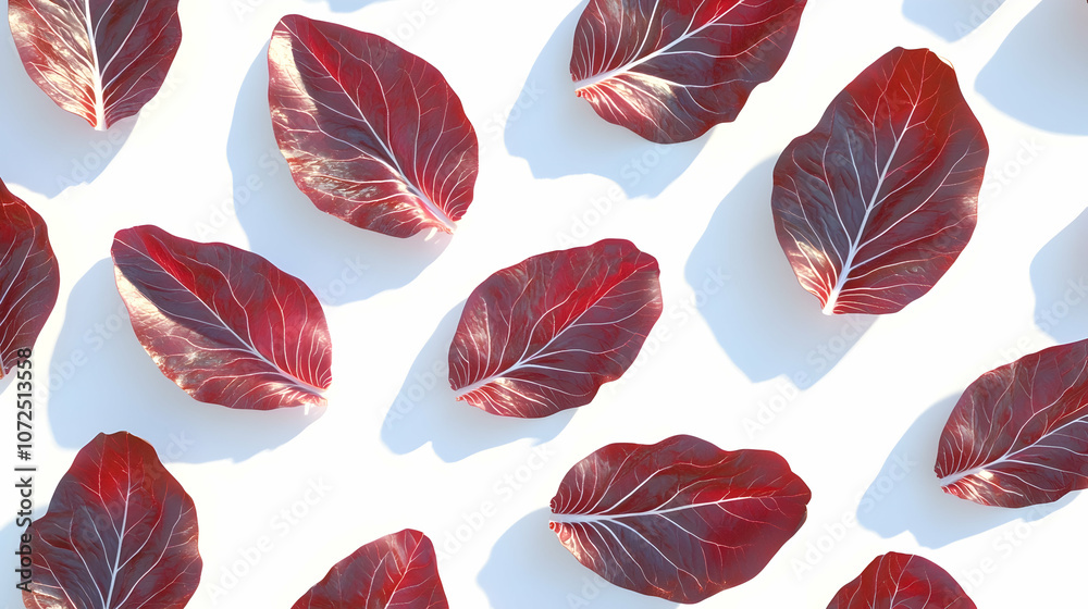 Wall mural a flat lay of vibrant red leaves with shadows, arranged in a repeating pattern on a white background