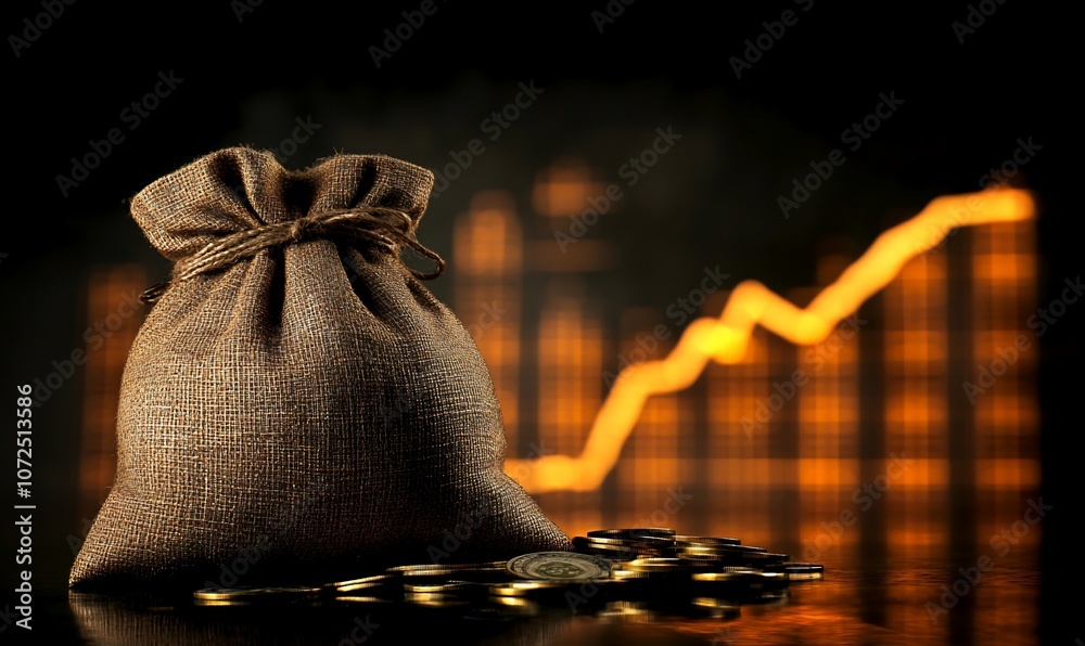 Poster a burlap sack filled with gold coins sits in front of a glowing graph.