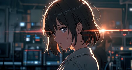 Fototapeta premium A young woman in a modern control room gazes pensively amid glowing screens, immersed in thought during a late-night shift. Generative AI