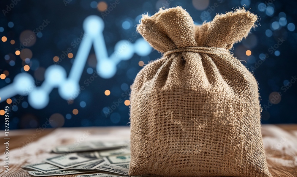 Poster a burlap sack filled with money sits on a wooden table with a blue blurred background of a line grap