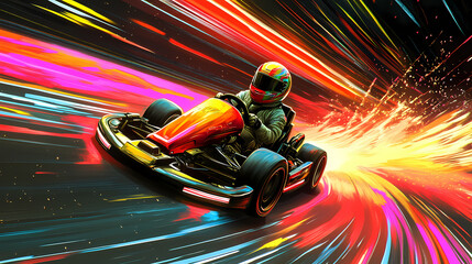 A dynamic and vibrant illustration of a go-kart racer speeding on a track with bright neon light trails emphasizing motion and high-speed racing. Vibrant. Illustration
