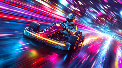 A dynamic and vibrant illustration of a go-kart racer speeding on a track with bright neon light trails emphasizing motion and high-speed racing. Vibrant. Illustration