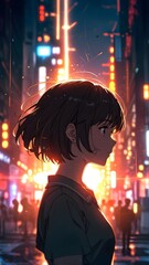 Naklejka premium A young girl stands in profile against a vibrant urban backdrop illuminated by neon lights at dusk in a bustling city. Generative AI