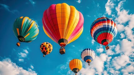 Obraz premium Colorful Hot Air Balloons Floating in a Blue Sky with Clouds
