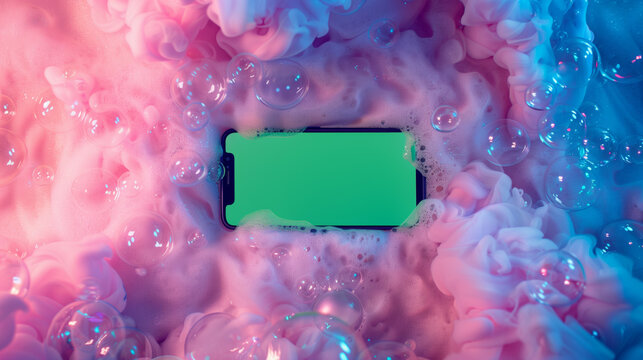 Generative AI. Screen template. Mobile phone screen design template on a background of pink purple foam soap background foam shower bathroom cleanliness