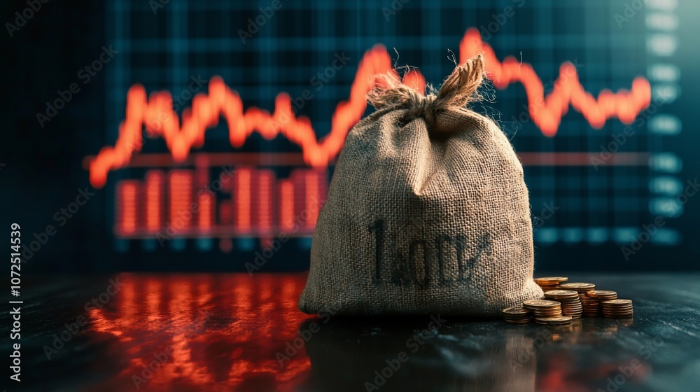 Poster a burlap sack of money sits on a table with a red stock market chart in the background.