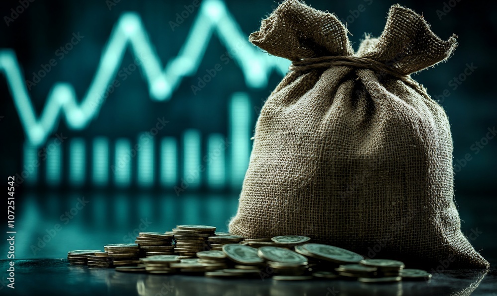 Poster a burlap sack of money sits on a table in front of a financial chart.