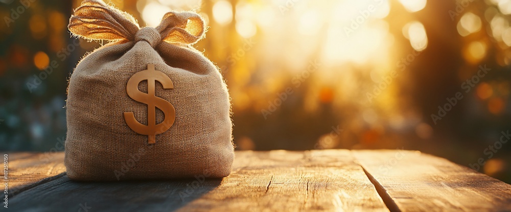 Poster a burlap sack with a dollar sign sitting on a wooden table with a blurred background of a sunset.