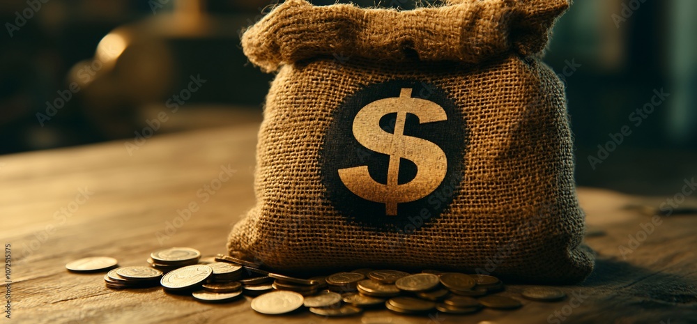 Poster a burlap sack with a gold dollar sign printed on it sits on a wooden table with a pile of gold coins