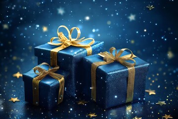 Blue Gift Boxes with Gold Ribbons and Stars