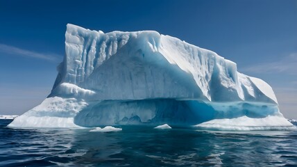 Majestic iceberg towering above tranquil ocean waters on a sunny day in the Arctic, showcasing stunning blue hues and textures. Generative AI