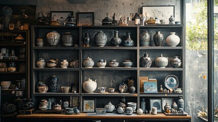 Traditional ceramic pottery collection on shelves