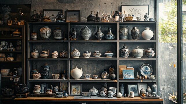 Traditional ceramic pottery collection on shelves