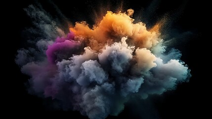 Colorful explosion in dark background, vibrant cloud of colors, dynamic abstract burst, multicolored smoke effect, dramatic color explosion
