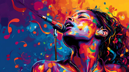 A mesmerizing portrait of a singer immersed in a vibrant world of swirling colors and music notes, radiating passion and creativity. Vibrant. Illustration